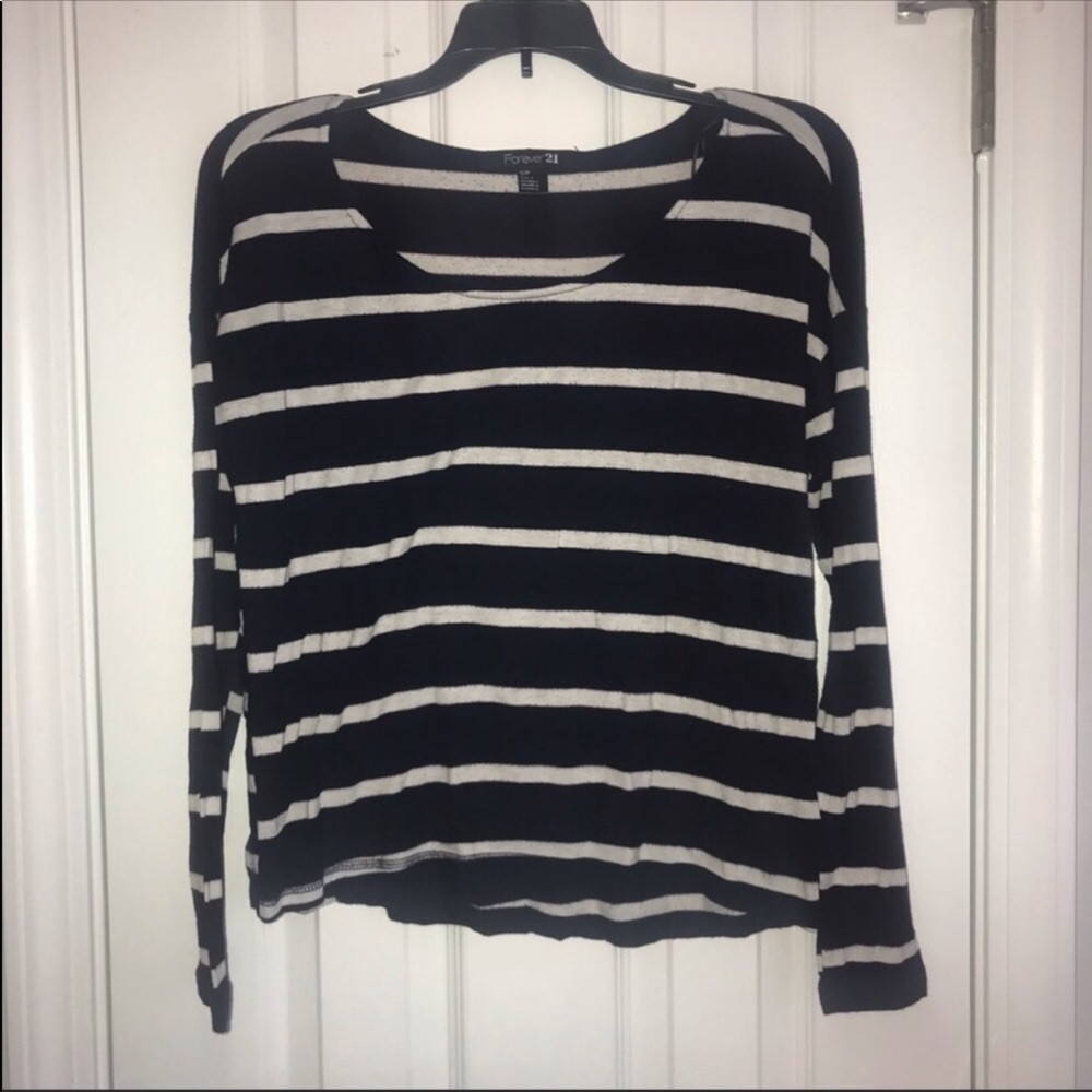 Forever 21 Navy Blue White Stripe Long Sleeve Scoop Neck